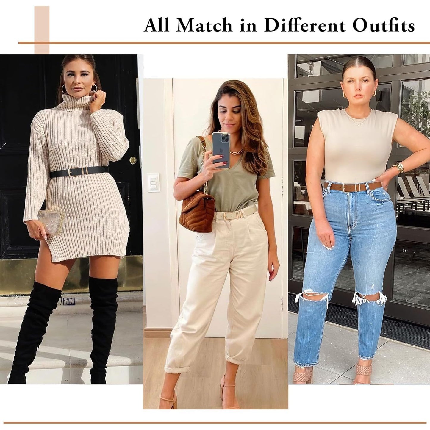 3 Pack Women Belts for Jeans Dresses Pants Ladies Leather Waist Belt with Gold Buckle