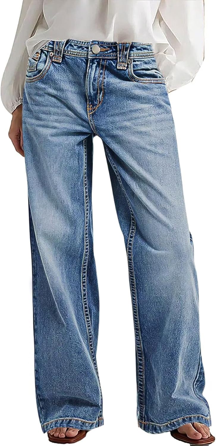 Wide Leg Jeans for Women Mid Waist Baggy Stitch Decor Denim Washed Pants without Belt