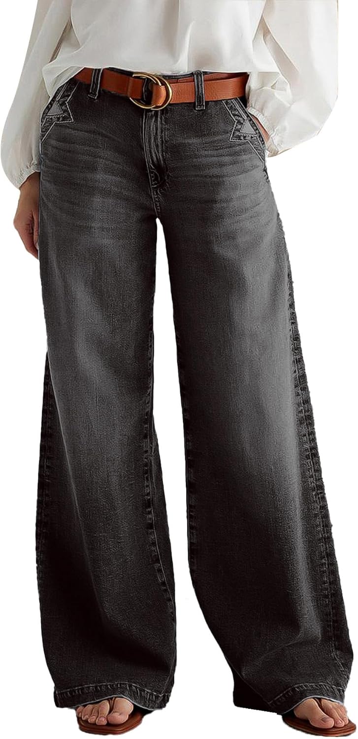 Wide Leg Jeans for Women Mid Waist Baggy Stitch Decor Denim Washed Pants without Belt