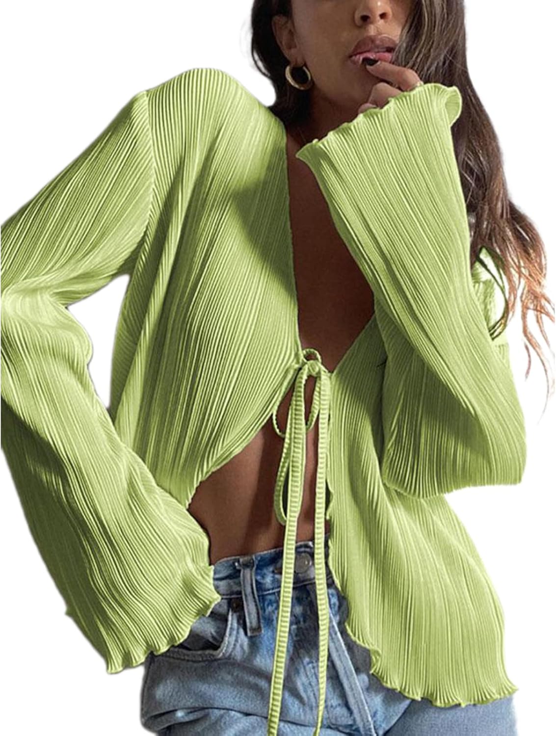 Women Sheer Button up Blouse Sexy Collared Shirts Mesh Flare Sleeve Crop Top Y2K Vintage Streetwear