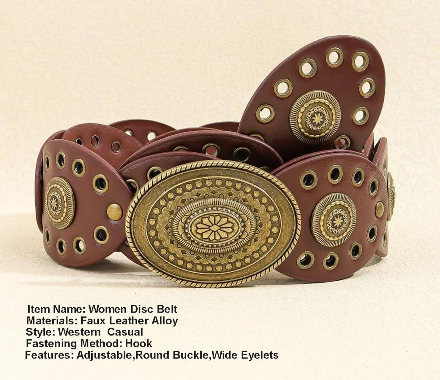 Womens Wide Western Cowboy Disc Belt Vintage Cowgirl Concho Leather Belts Boho Style for Jeans Dress Skirt