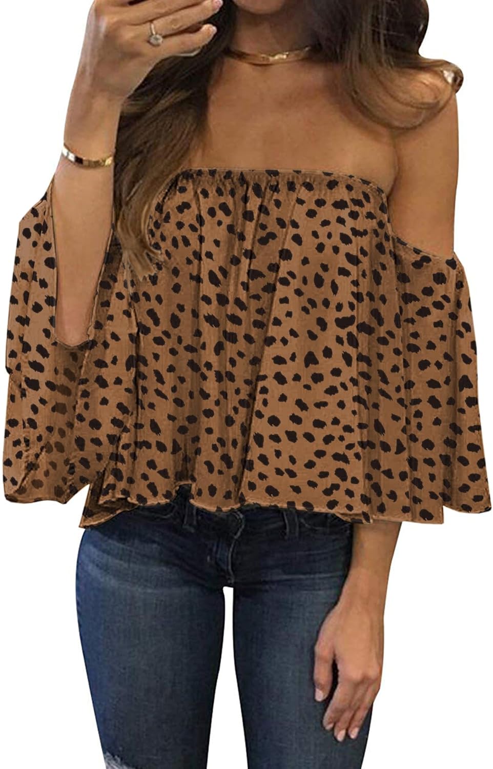 Women Summer off Shoulder Chiffon Blouse Ruffles Short Sleeves Tops Casual T Shirt