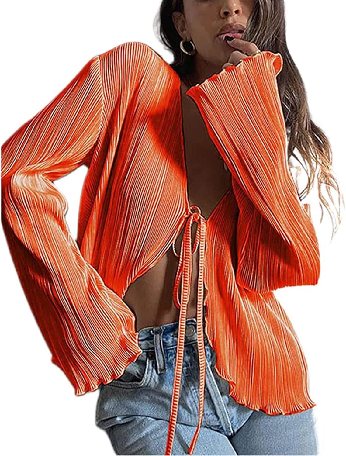 Women Sheer Button up Blouse Sexy Collared Shirts Mesh Flare Sleeve Crop Top Y2K Vintage Streetwear