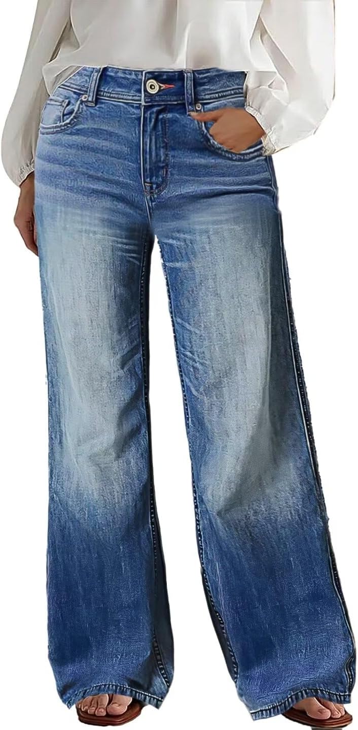 Wide Leg Jeans for Women Mid Waist Baggy Stitch Decor Denim Washed Pants without Belt