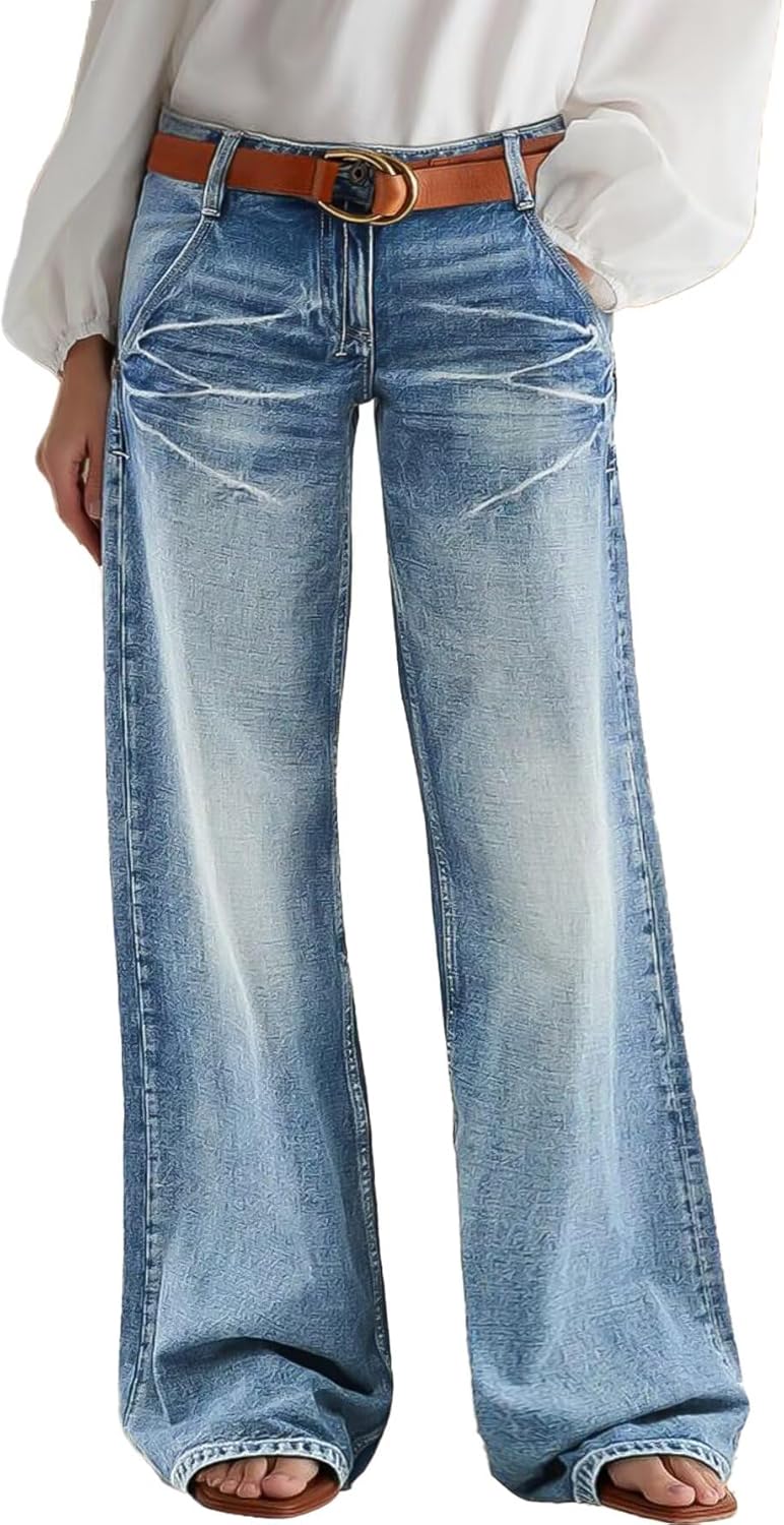 Wide Leg Jeans for Women Mid Waist Baggy Stitch Decor Denim Washed Pants without Belt