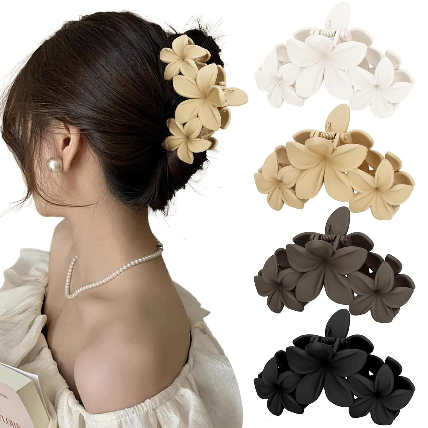 4PCS Hawaiian Plumeria Flower Hair Clips - Large Non-Slip Matte Claw Clips for Women, Strong Hold Beach Hair Accessories