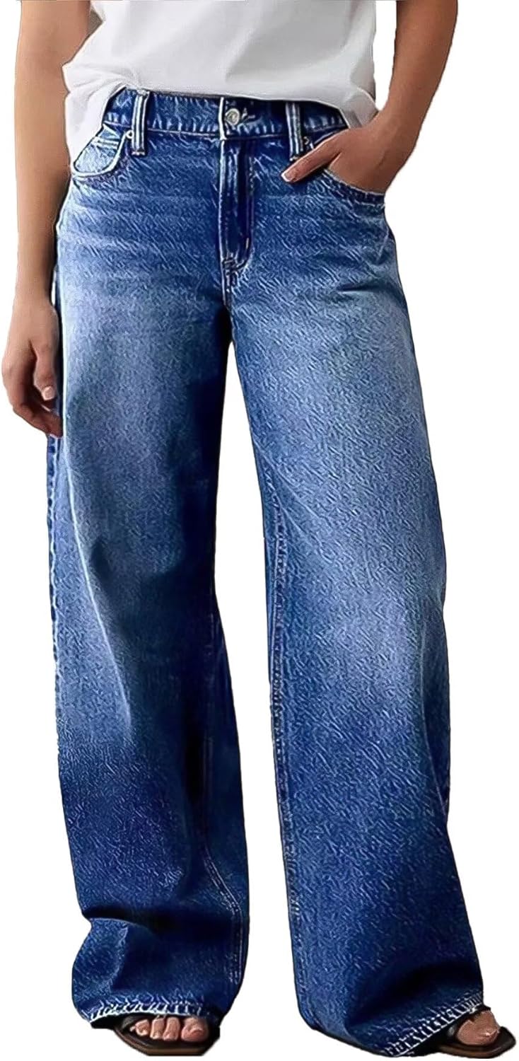 Wide Leg Jeans for Women Mid Waist Baggy Stitch Decor Denim Washed Pants without Belt