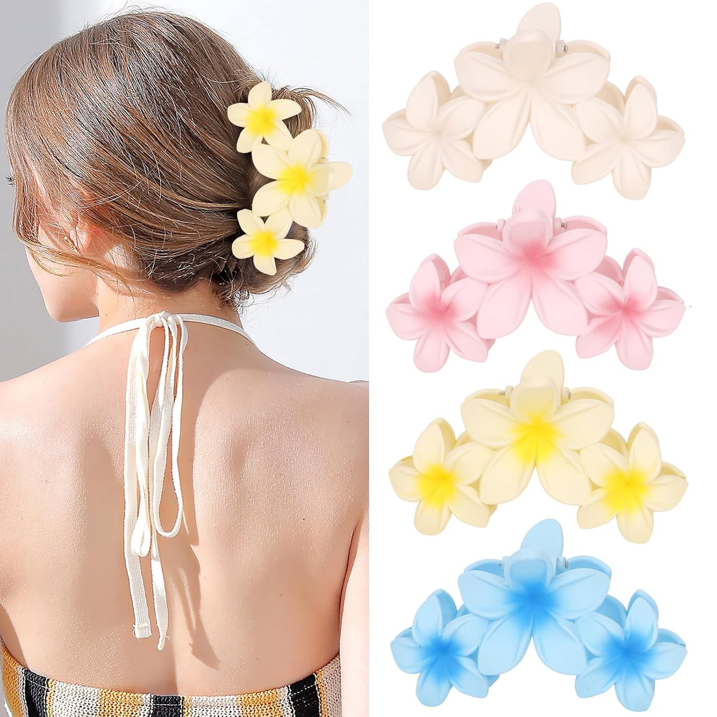4PCS Hawaiian Plumeria Flower Hair Clips - Large Non-Slip Matte Claw Clips for Women, Strong Hold Beach Hair Accessories