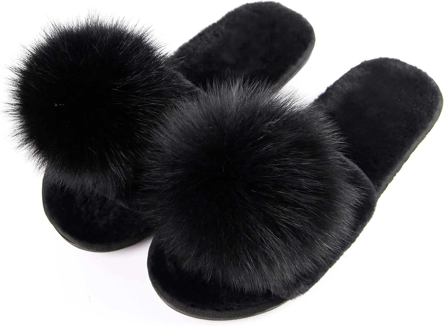 Women Slippers with Real Fox Fur Ball, Girl Furry Cozy Warm House Slipper, Open Toe Soft Flat Slide Sandals for Women Indoor Outdoor