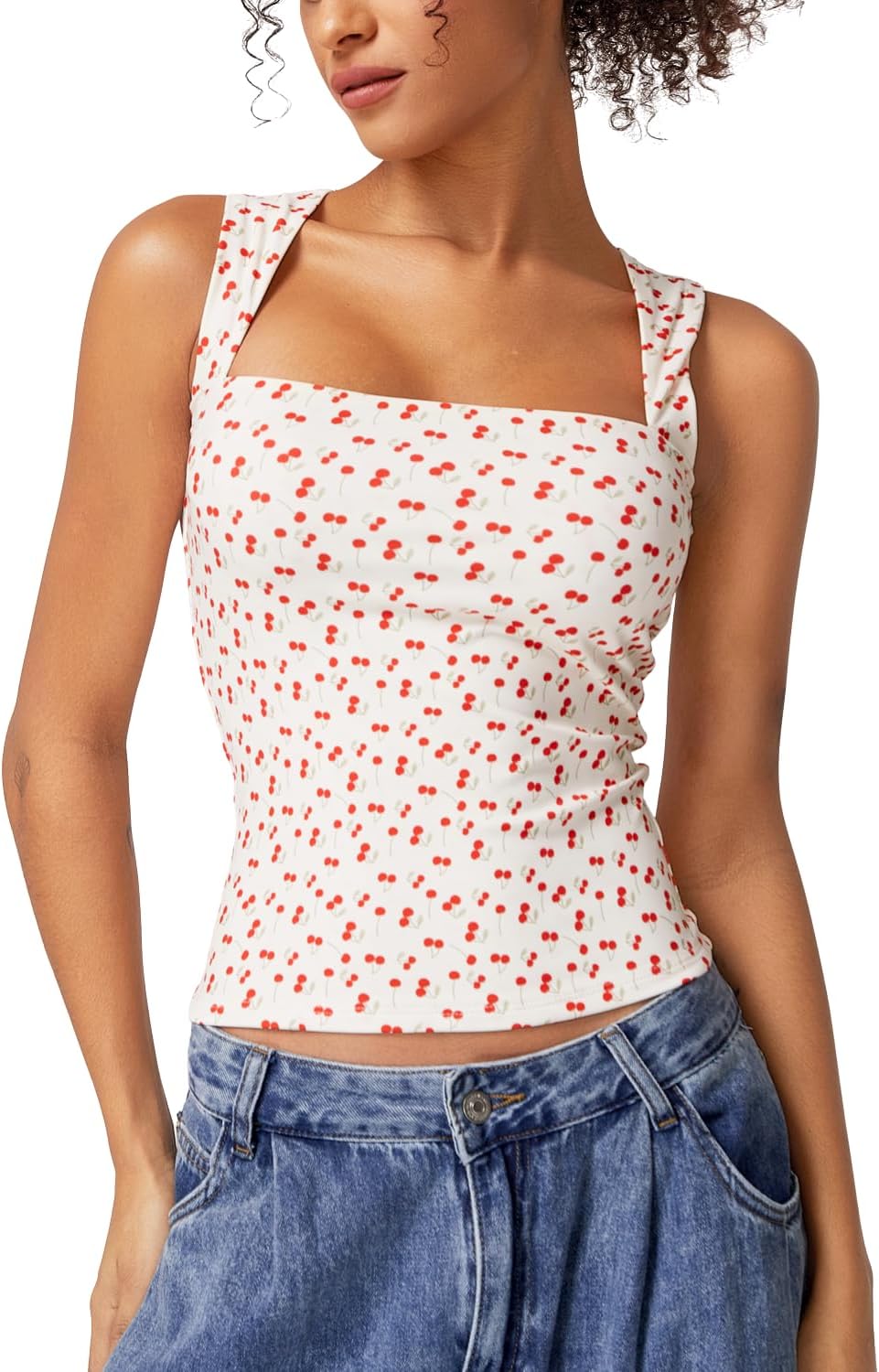 Women'S Square Neck Sleeveless Double-Layer Tank Tops Basic Tight T Shirts