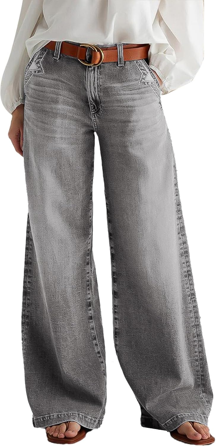 Wide Leg Jeans for Women Mid Waist Baggy Stitch Decor Denim Washed Pants without Belt