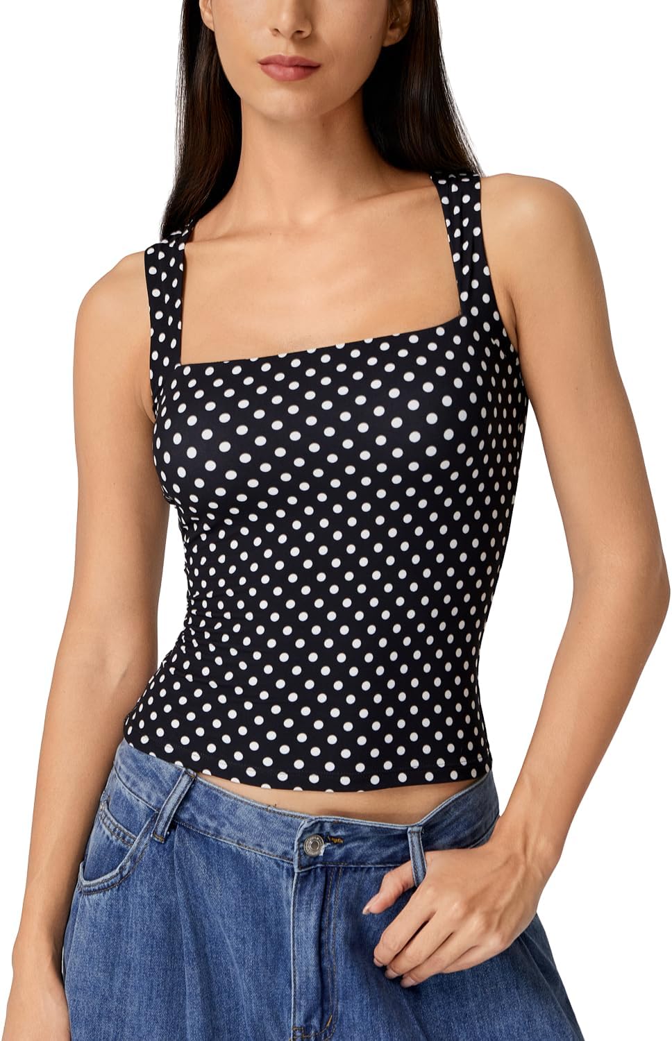 Women'S Square Neck Sleeveless Double-Layer Tank Tops Basic Tight T Shirts