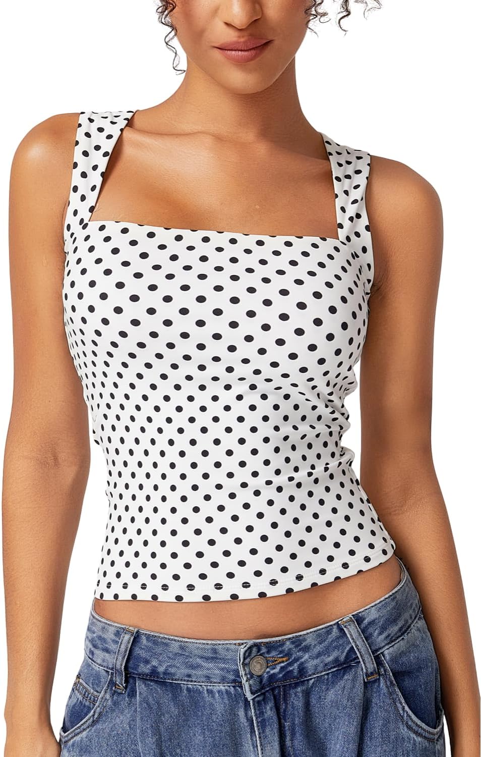 Women'S Square Neck Sleeveless Double-Layer Tank Tops Basic Tight T Shirts