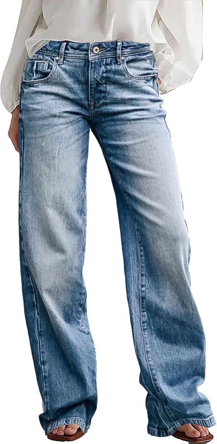 Wide Leg Jeans for Women Mid Waist Baggy Stitch Decor Denim Washed Pants without Belt