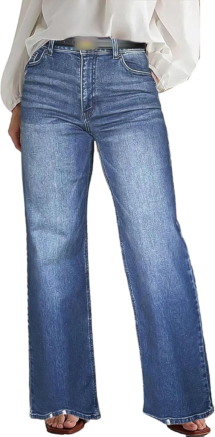 Wide Leg Jeans for Women Mid Waist Baggy Stitch Decor Denim Washed Pants without Belt