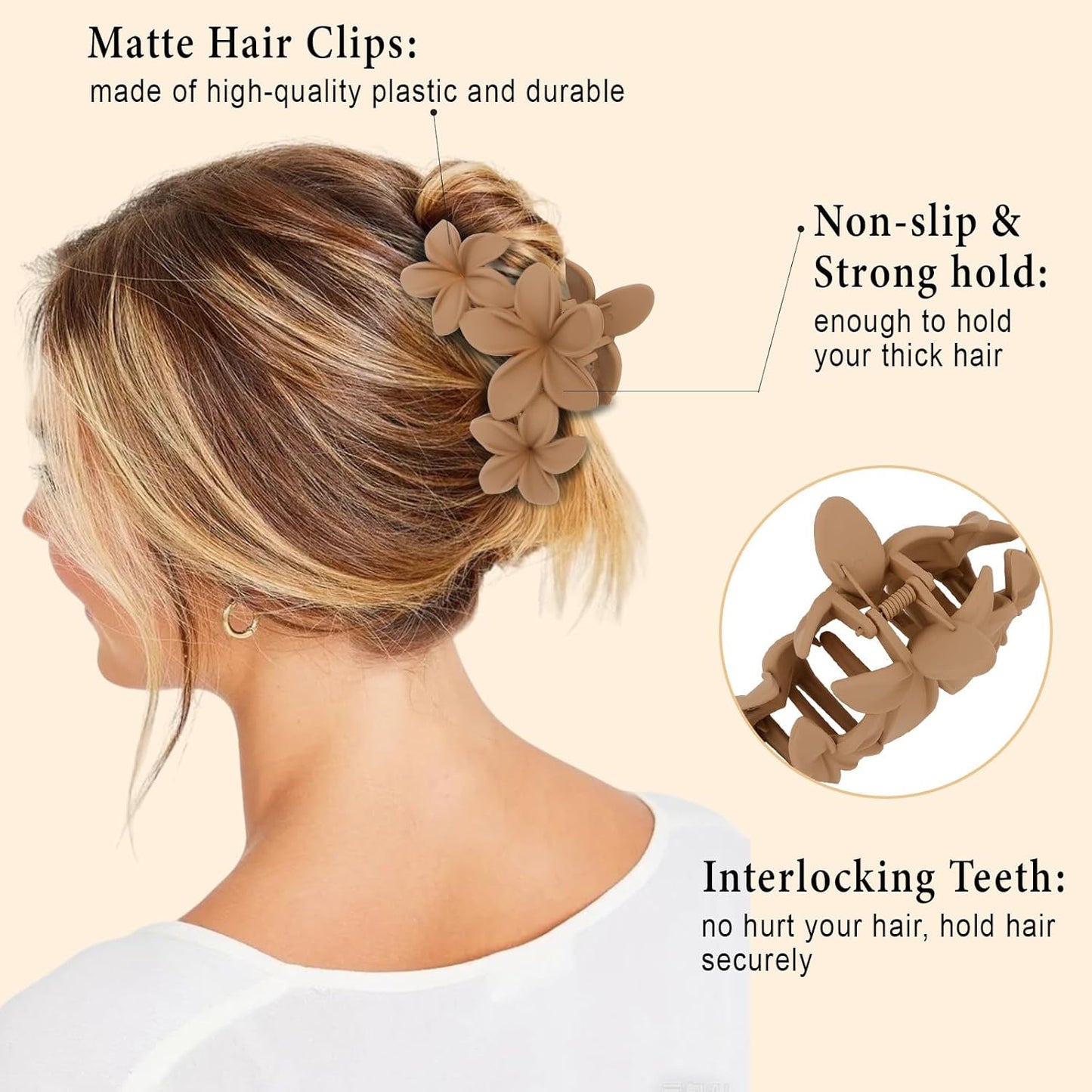 4PCS Hawaiian Plumeria Flower Hair Clips - Large Non-Slip Matte Claw Clips for Women, Strong Hold Beach Hair Accessories
