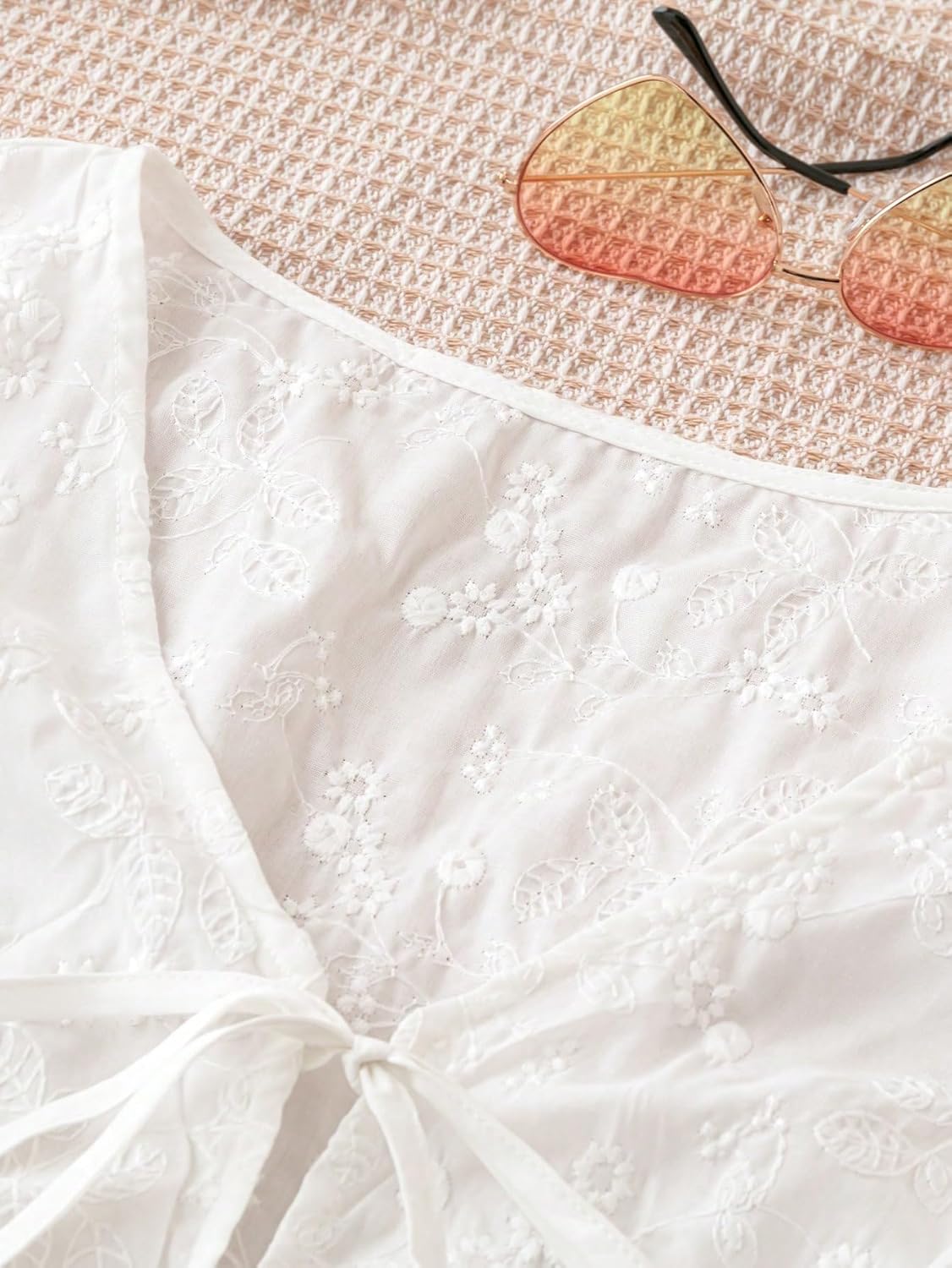Women'S Bow Tie Front V Neck Floral Embroidery Tank Blouses Tops
