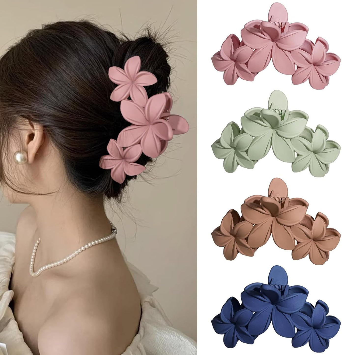4PCS Hawaiian Plumeria Flower Hair Clips - Large Non-Slip Matte Claw Clips for Women, Strong Hold Beach Hair Accessories