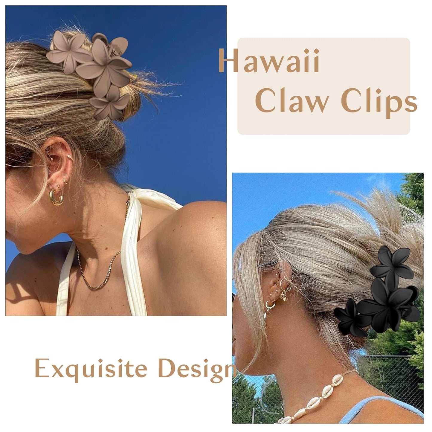 4PCS Hawaiian Plumeria Flower Hair Clips - Large Non-Slip Matte Claw Clips for Women, Strong Hold Beach Hair Accessories