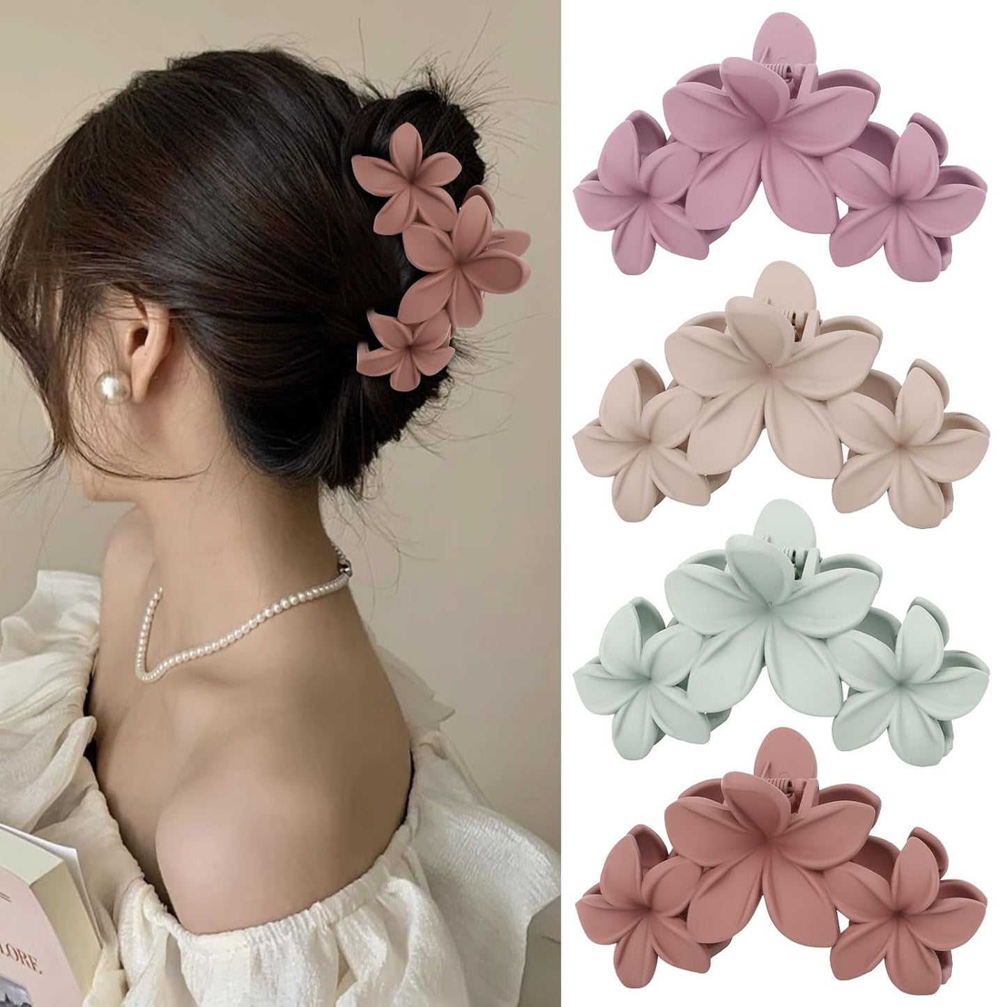 4PCS Hawaiian Plumeria Flower Hair Clips - Large Non-Slip Matte Claw Clips for Women, Strong Hold Beach Hair Accessories