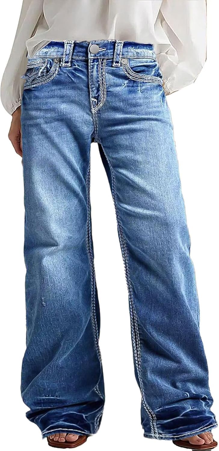 Wide Leg Jeans for Women Mid Waist Baggy Stitch Decor Denim Washed Pants without Belt
