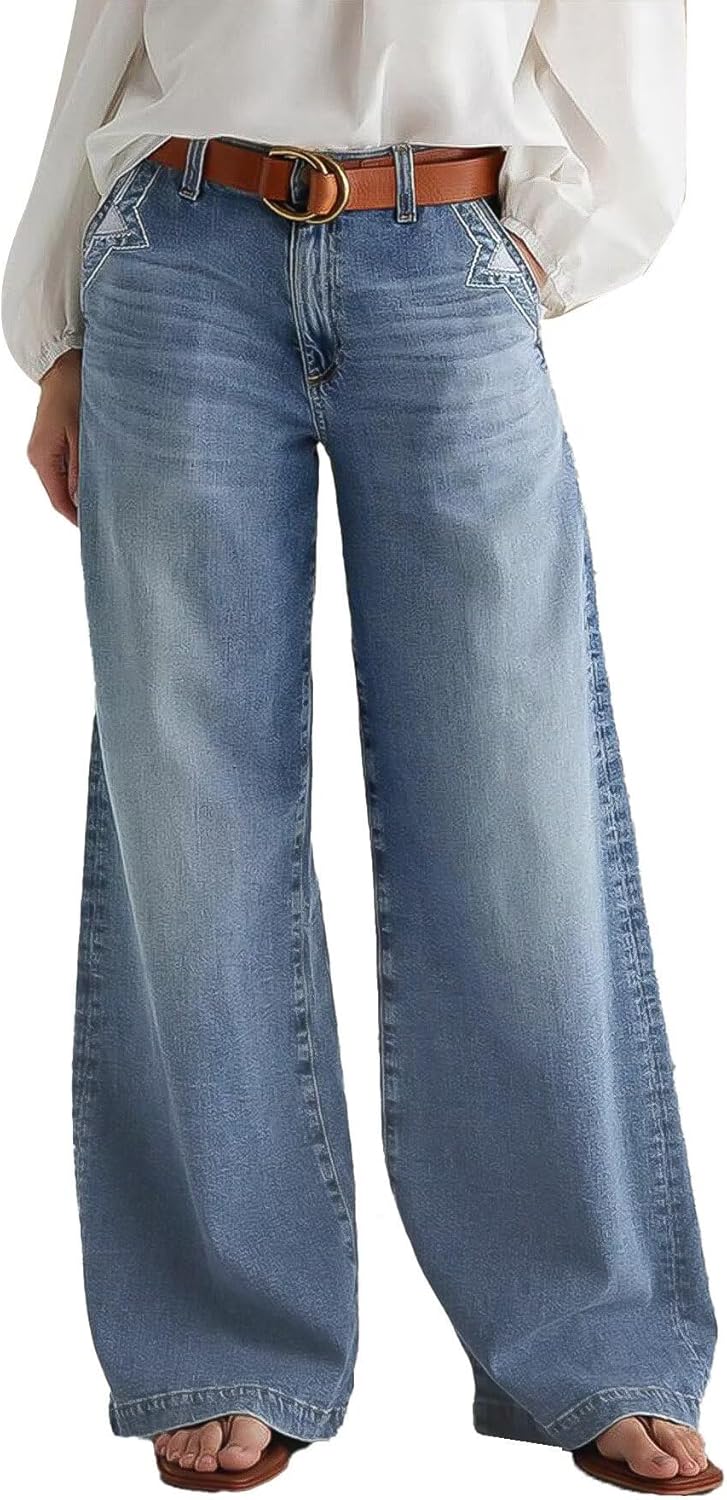 Wide Leg Jeans for Women Mid Waist Baggy Stitch Decor Denim Washed Pants without Belt