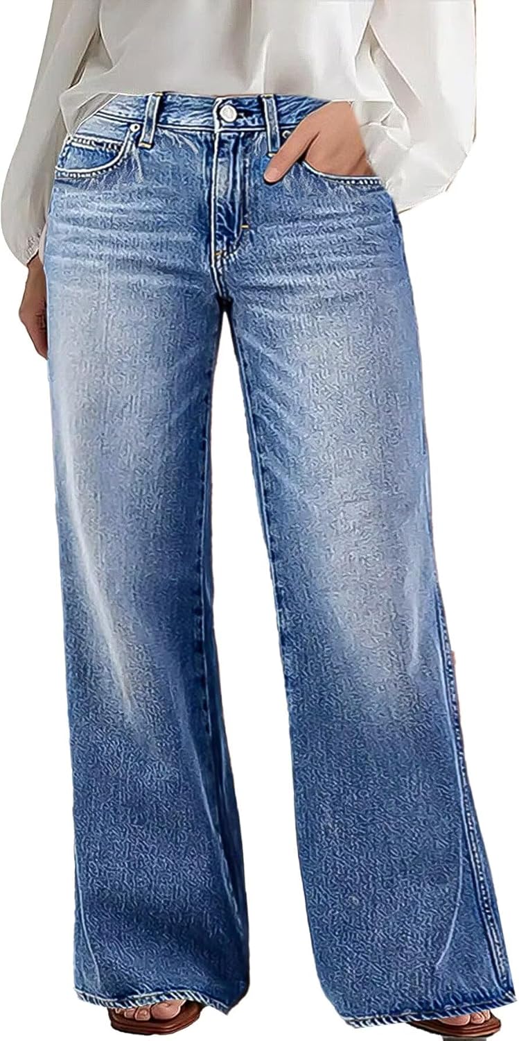 Wide Leg Jeans for Women Mid Waist Baggy Stitch Decor Denim Washed Pants without Belt