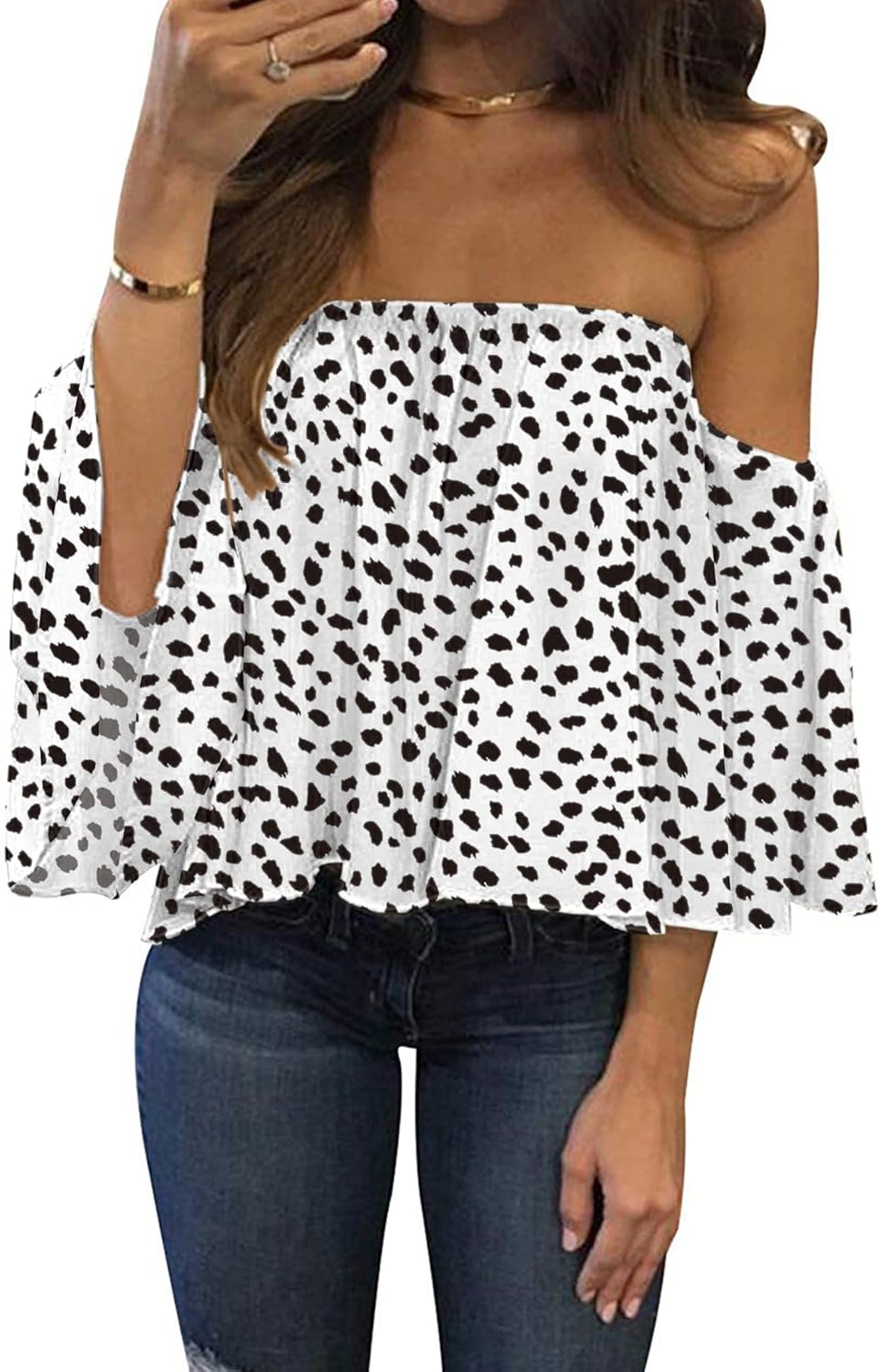 Women Summer off Shoulder Chiffon Blouse Ruffles Short Sleeves Tops Casual T Shirt