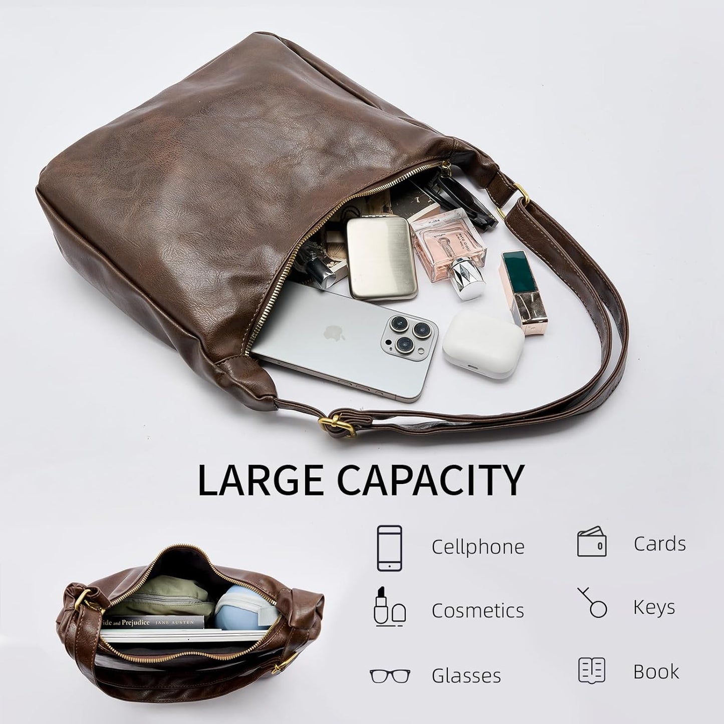 Hobo Bags for Women, Ultra Soft Foldable Vegan Leather Shoulder Handbag, Stylish Slouchy Tote Purses