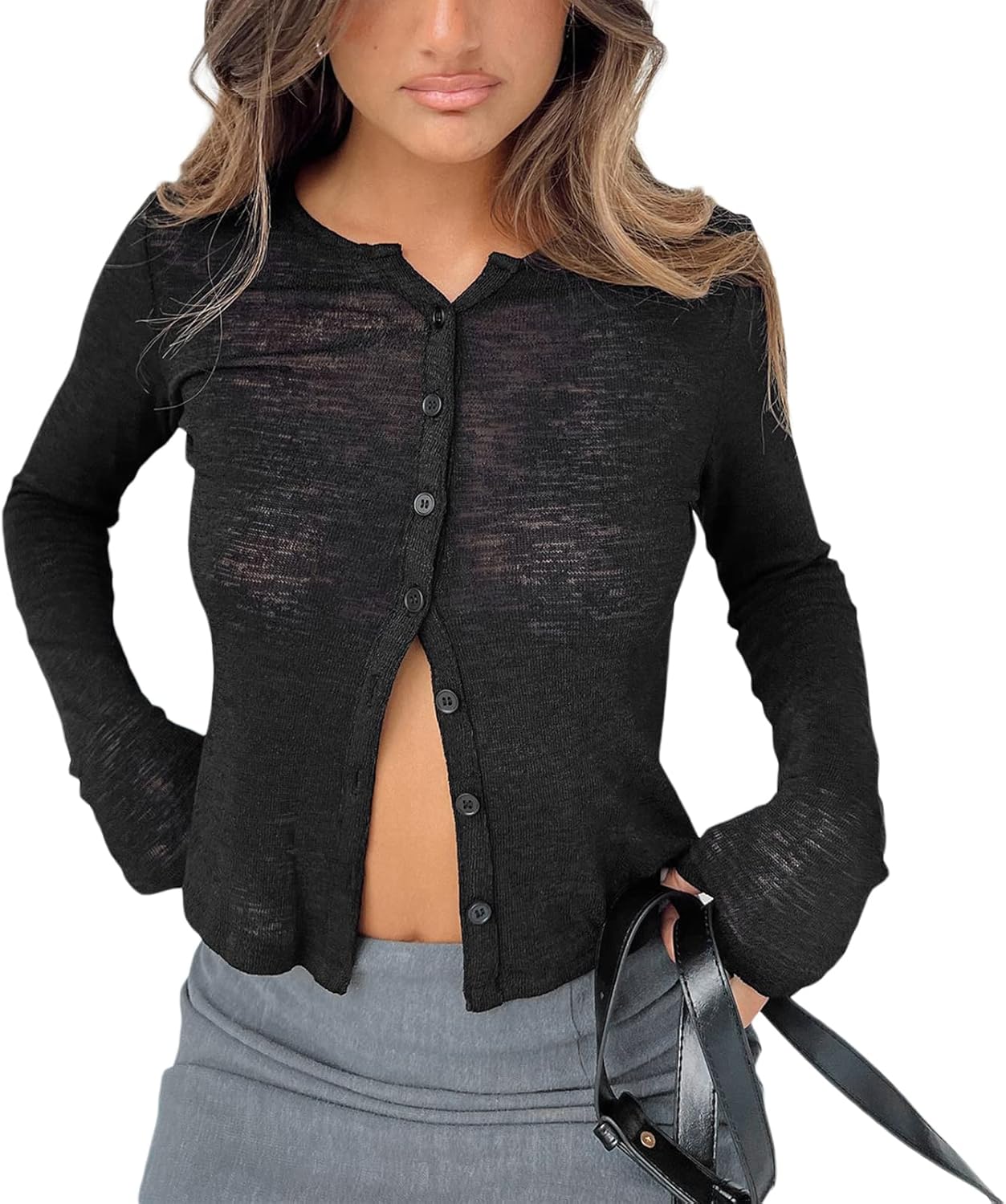 Women Sheer Button up Blouse Sexy Collared Shirts Mesh Flare Sleeve Crop Top Y2K Vintage Streetwear