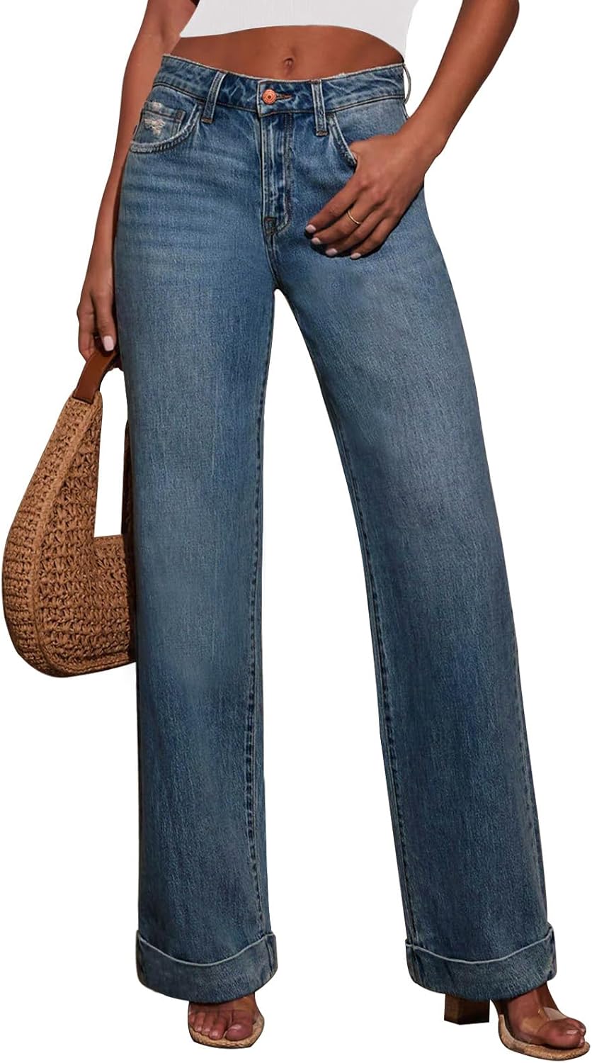 Jeans for Women Wide Leg High Waisted Trendy Strechy Straight Leg Loose Tummy Control Denim Pants with Pocket 2025