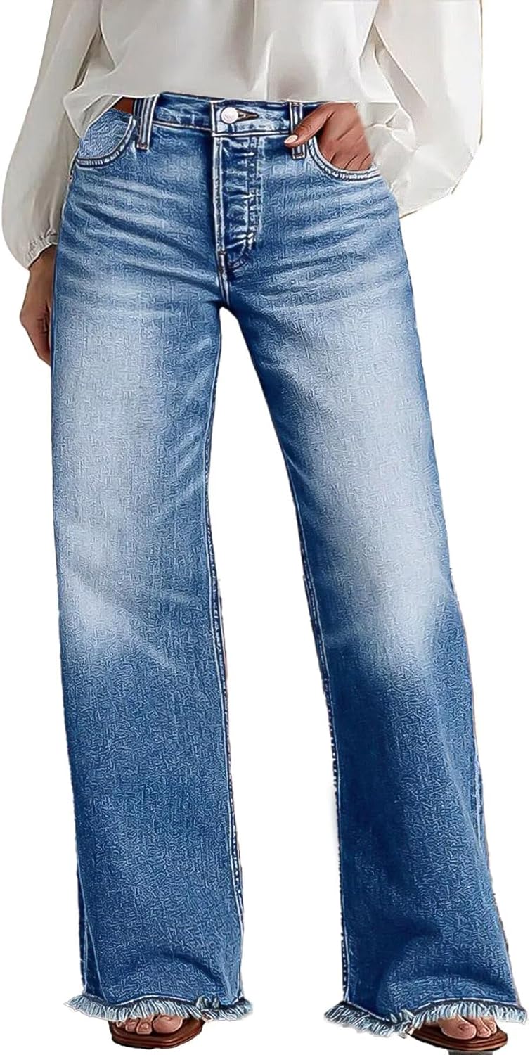 Wide Leg Jeans for Women Mid Waist Baggy Stitch Decor Denim Washed Pants without Belt