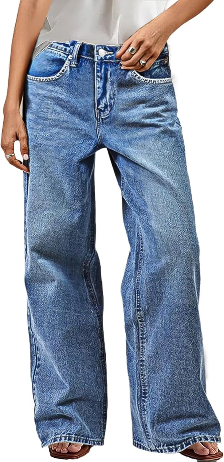 Wide Leg Jeans for Women Mid Waist Baggy Stitch Decor Denim Washed Pants without Belt