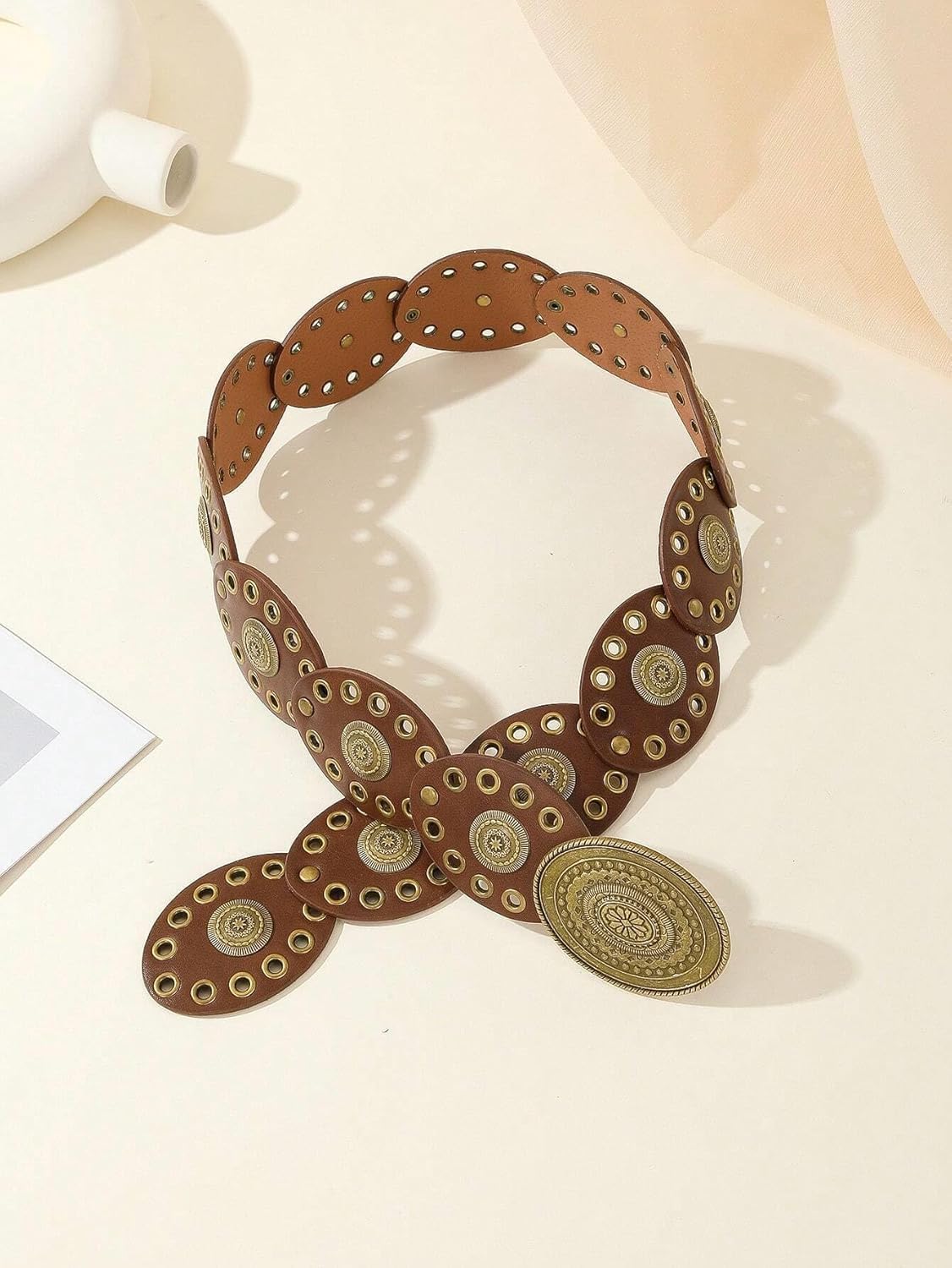 Womens Wide Western Cowboy Disc Belt Vintage Cowgirl Concho Leather Belts Boho Style for Jeans Dress Skirt
