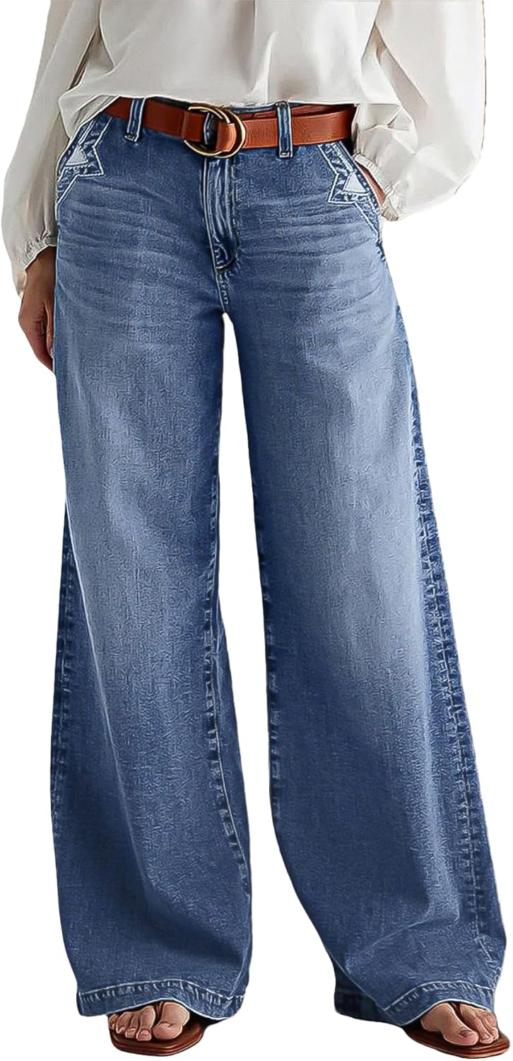 Wide Leg Jeans for Women Mid Waist Baggy Stitch Decor Denim Washed Pants without Belt