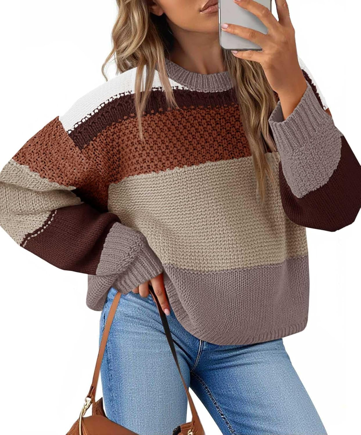 Womens Color Block Cropped Sweaters 2025 Winter Trendy Casual Oversized Y2K Going Out Striped Pullover Tops