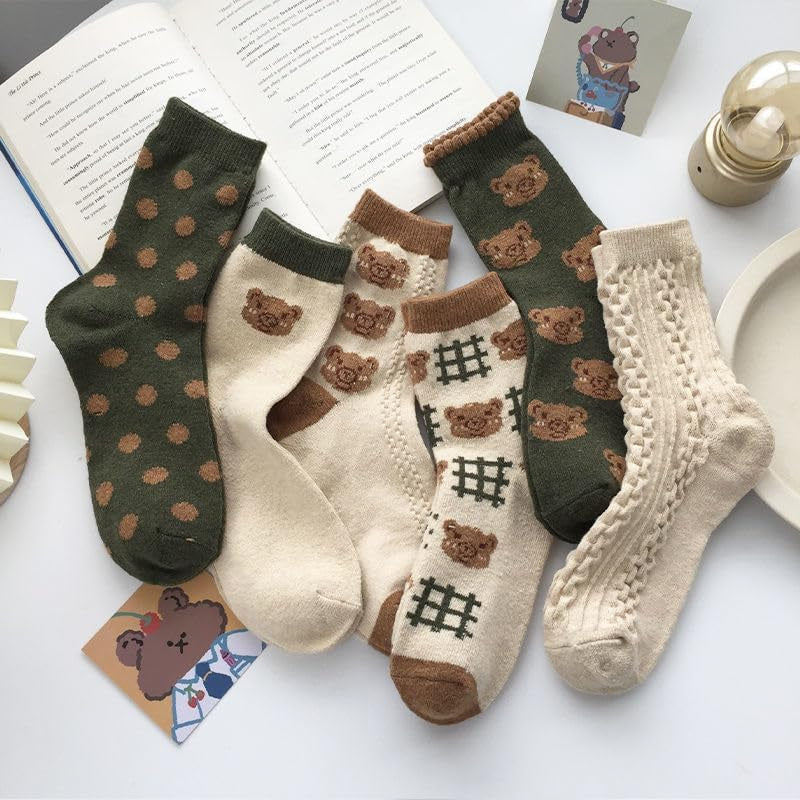 6 Pair Cute Cotton Kawaii Bear Ankle Socks - Preppy Ruffle Japanese Thick Fall Vintage Crew Socks for Women