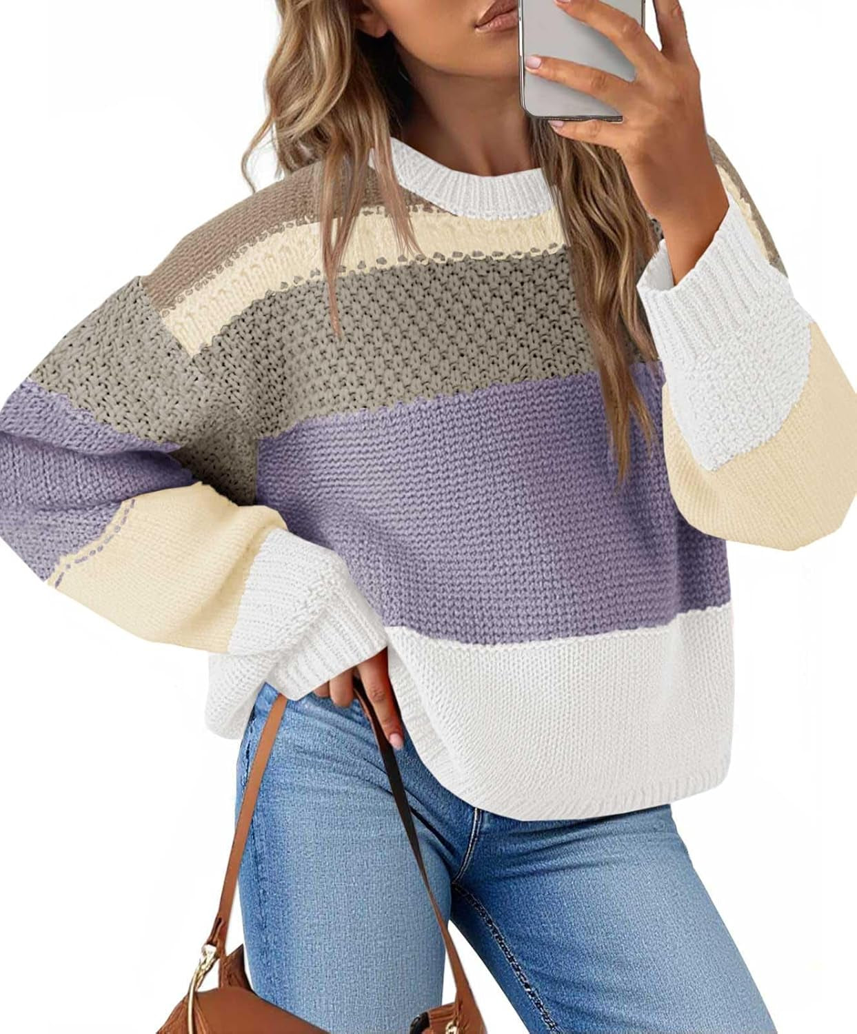 Womens Color Block Cropped Sweaters 2025 Winter Trendy Casual Oversized Y2K Going Out Striped Pullover Tops