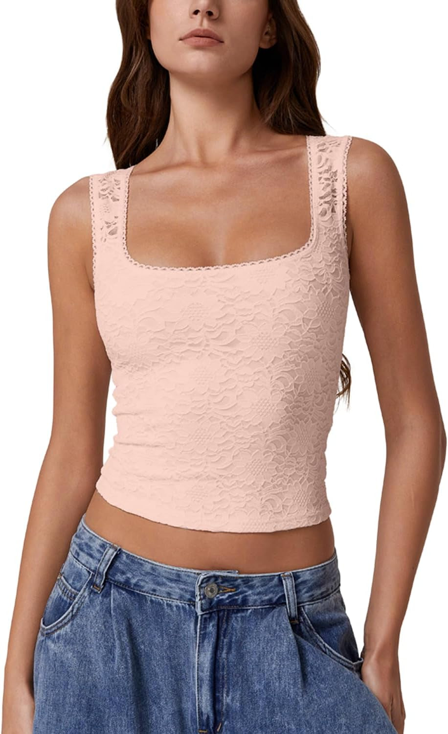 Womens Lace Trim Square Neck Sleeveless Tank Tops Double-Layer Slim Fit T Shirt Crop Tops