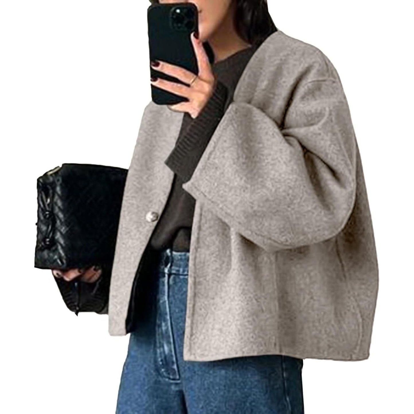 Women Cropped Wool Blend Coats Long Sleeve Coat Jacket Peacoat Fall Winter Outwear Overcoat