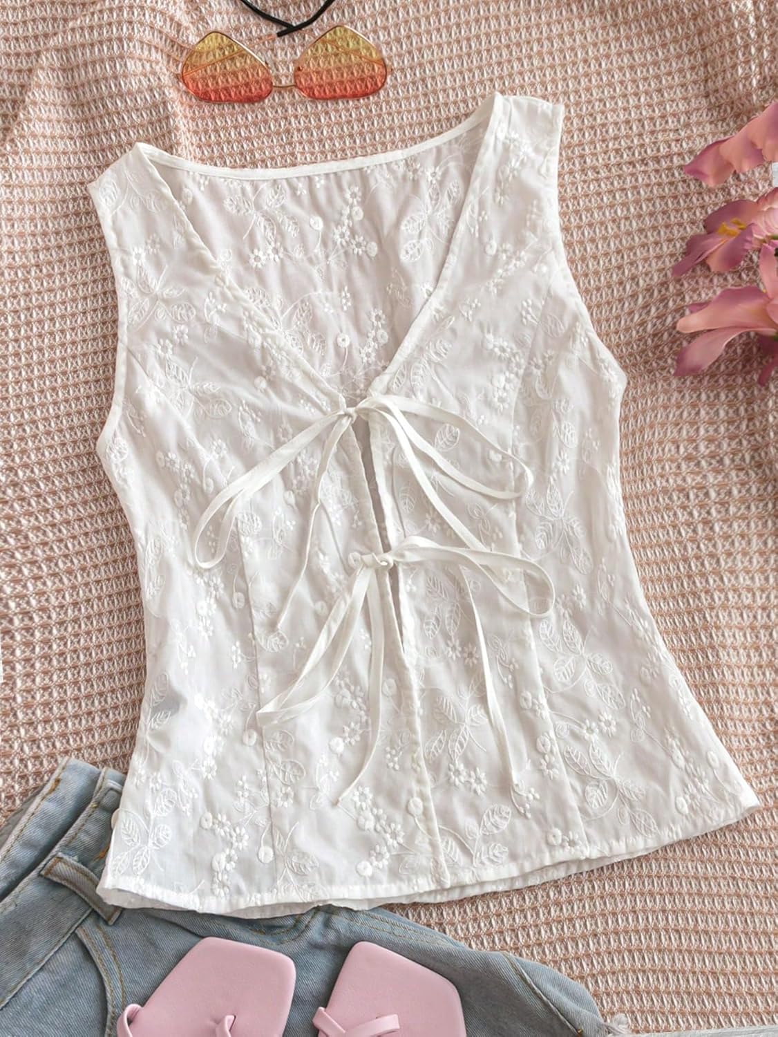 Women'S Bow Tie Front V Neck Floral Embroidery Tank Blouses Tops