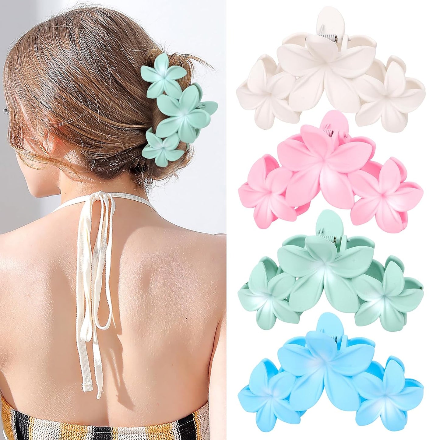 4PCS Hawaiian Plumeria Flower Hair Clips - Large Non-Slip Matte Claw Clips for Women, Strong Hold Beach Hair Accessories