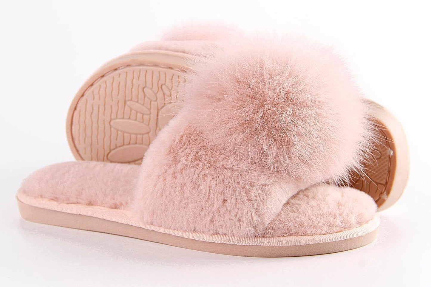 Women Slippers with Real Fox Fur Ball, Girl Furry Cozy Warm House Slipper, Open Toe Soft Flat Slide Sandals for Women Indoor Outdoor
