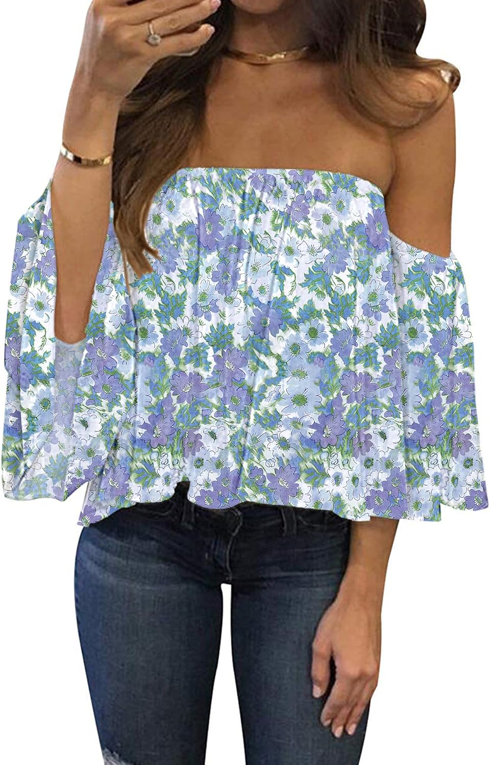 Women Summer off Shoulder Chiffon Blouse Ruffles Short Sleeves Tops Casual T Shirt