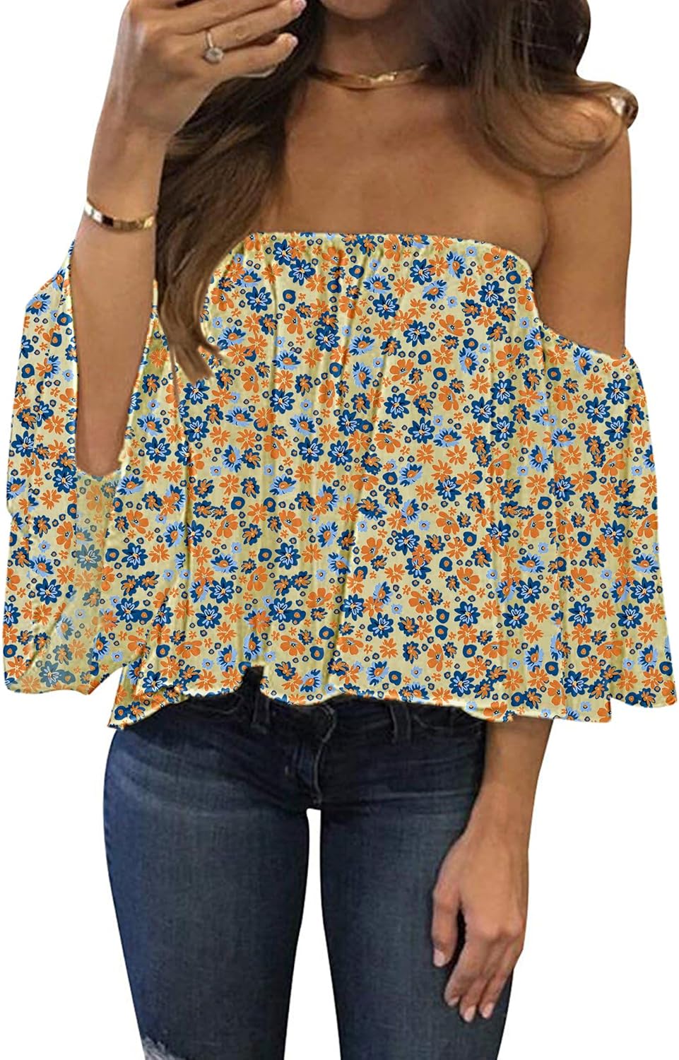 Women Summer off Shoulder Chiffon Blouse Ruffles Short Sleeves Tops Casual T Shirt