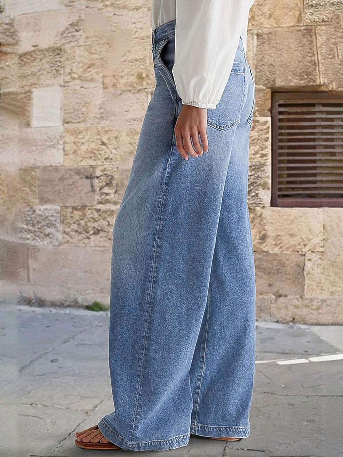 Wide Leg Jeans for Women Mid Waist Baggy Stitch Decor Denim Washed Pants without Belt