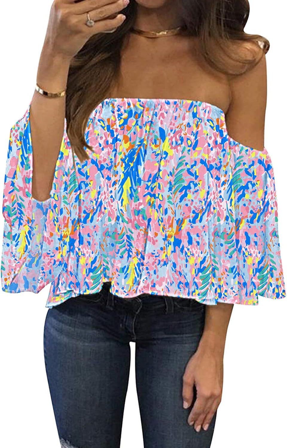 Women Summer off Shoulder Chiffon Blouse Ruffles Short Sleeves Tops Casual T Shirt