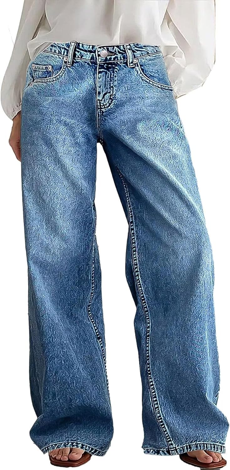 Wide Leg Jeans for Women Mid Waist Baggy Stitch Decor Denim Washed Pants without Belt