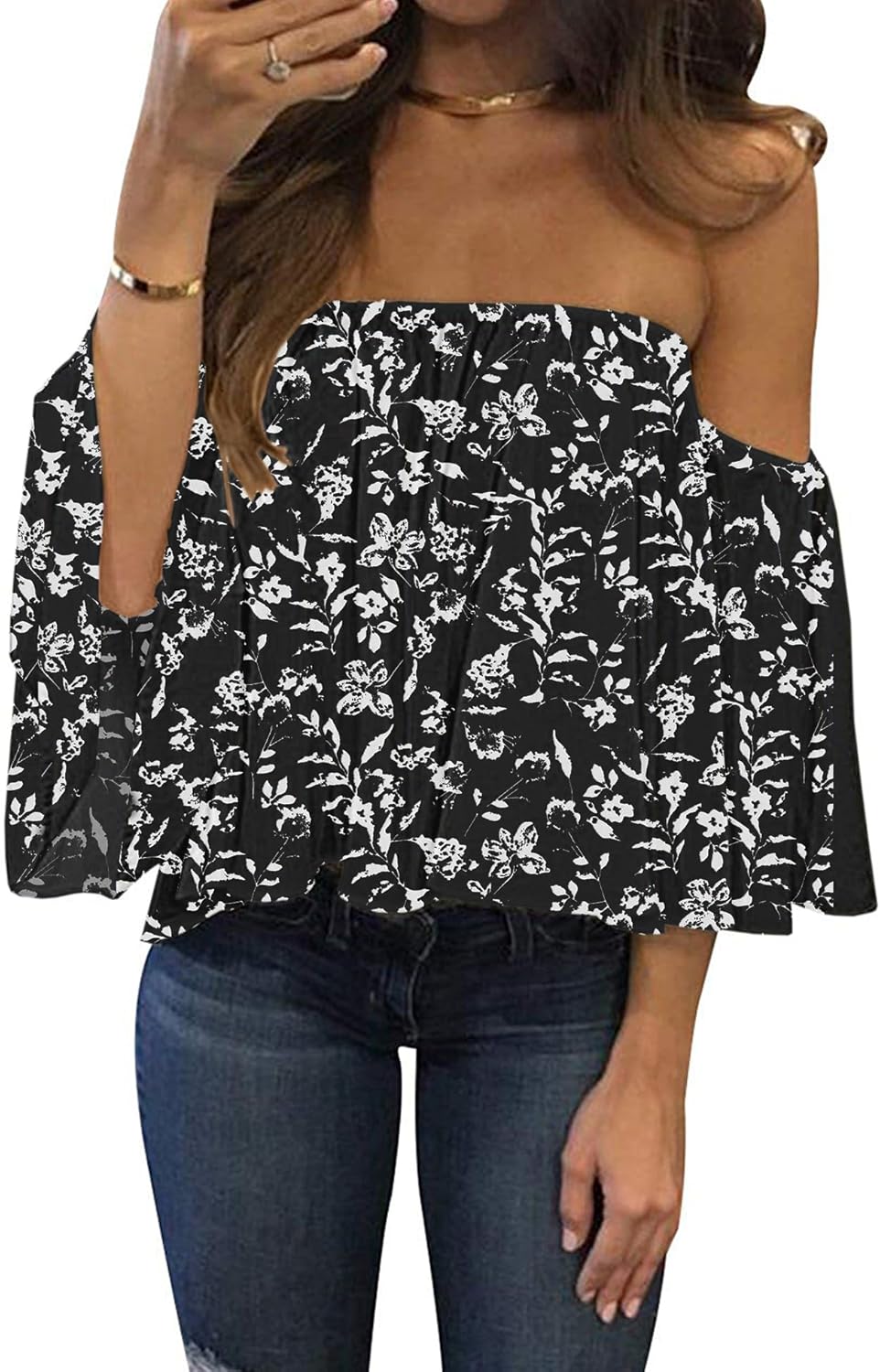 Women Summer off Shoulder Chiffon Blouse Ruffles Short Sleeves Tops Casual T Shirt