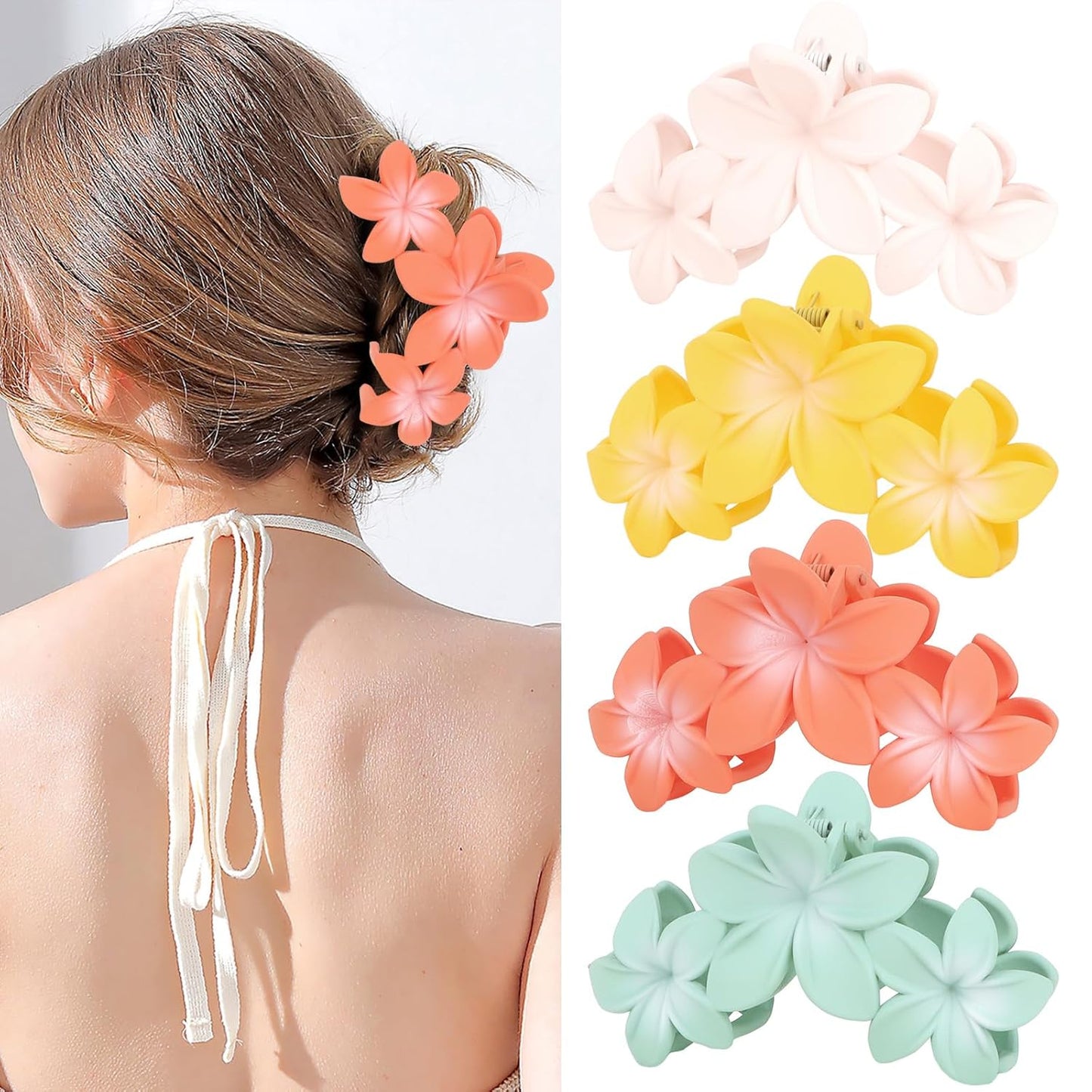 4PCS Hawaiian Plumeria Flower Hair Clips - Large Non-Slip Matte Claw Clips for Women, Strong Hold Beach Hair Accessories